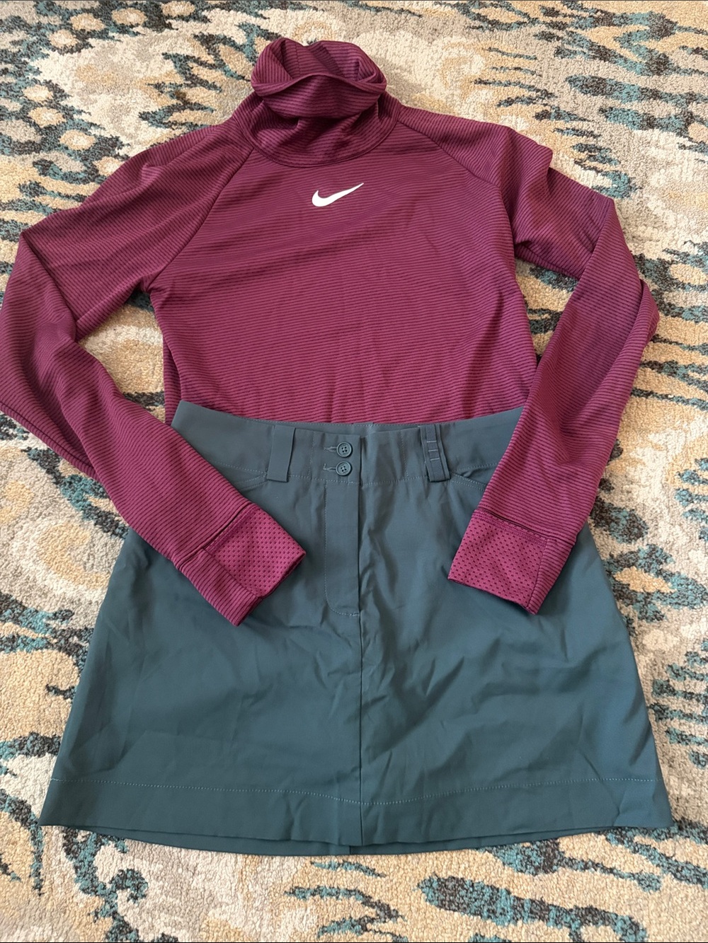 Nike Burgundy Turtleneck Top with Dark Teal Athletic Skort